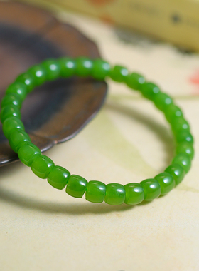 顽石灵 细腻温润毕业级辣椒绿直切珠冰底和田玉碧玉手串W2-151