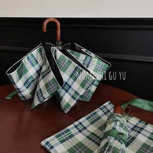 格子弯钩雨伞学生折叠自动晴雨两用防风防晒防紫外线长柄遮阳伞