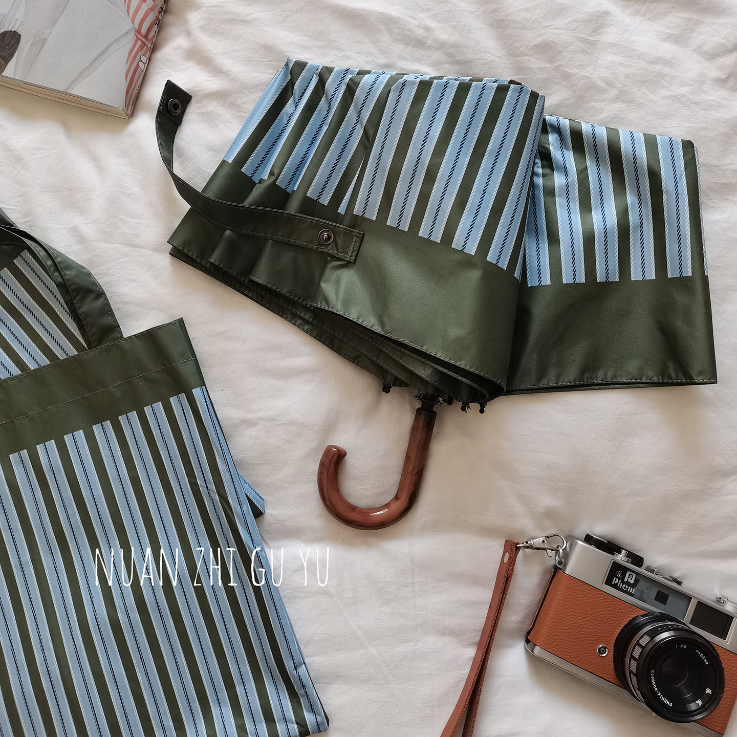 复古条纹雨伞折叠长柄防风便携防晒紫外线晴雨两用弯钩森系太阳伞