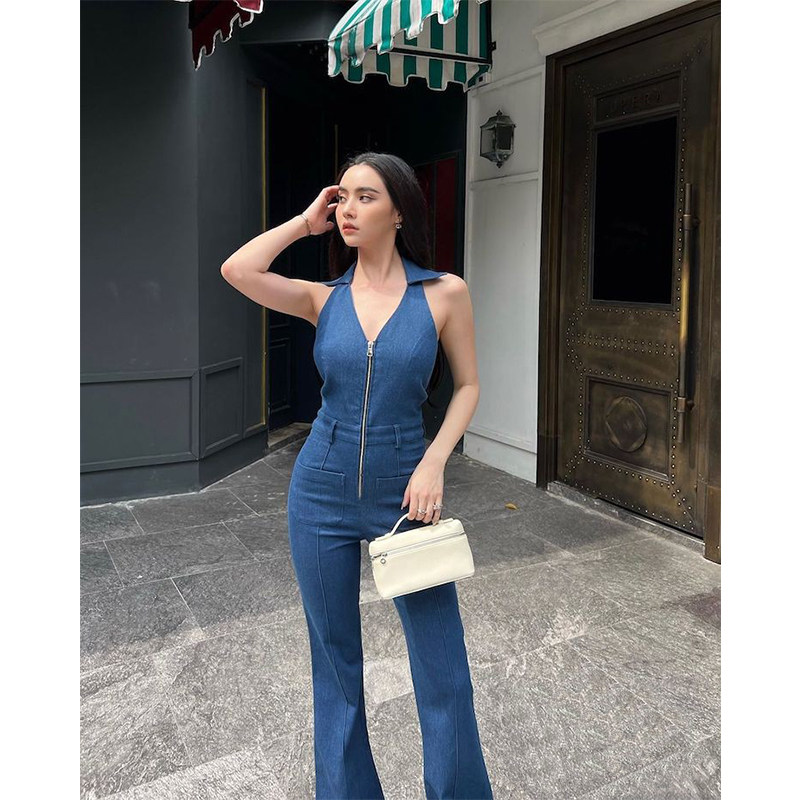 2026夏季新款美式复古气质纯欲挂脖连体裤女高腰显瘦裤子机理牛仔