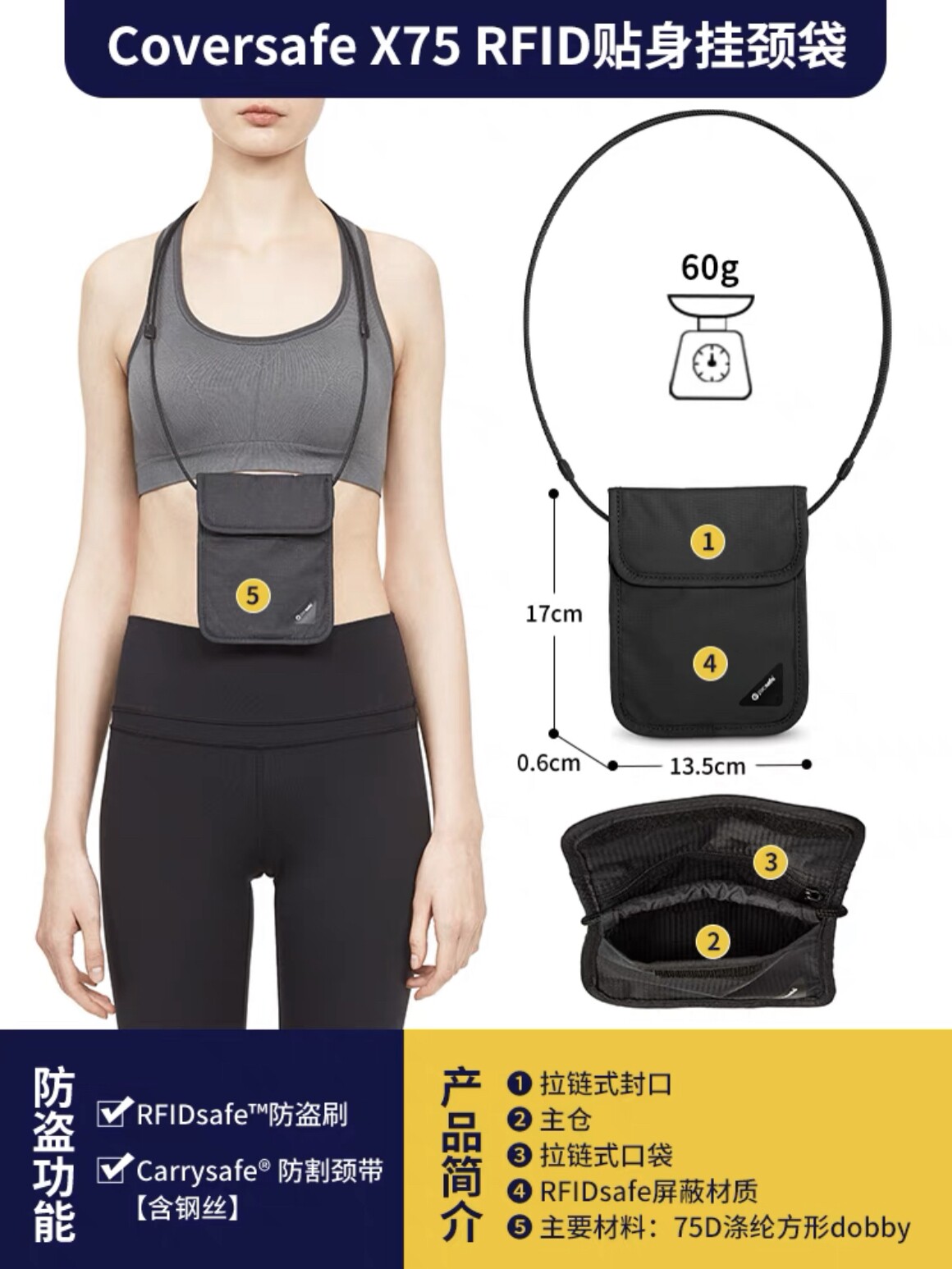 PACSAFE FITTED ANTI-THEFT BAG ANTI-CUT ANTI-SCANNING RFID PASSPORT BAG EUROPEAN TRAVEL INVISIBLE ZIPPER DOCUMENT BAG