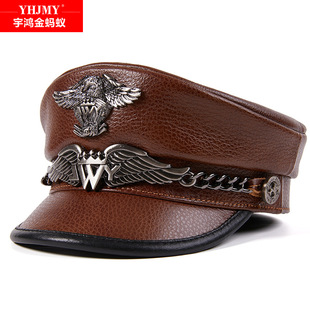 德式大盖帽德国真皮平顶帽子牛皮船长帽春秋中年机车海军哈雷帽潮