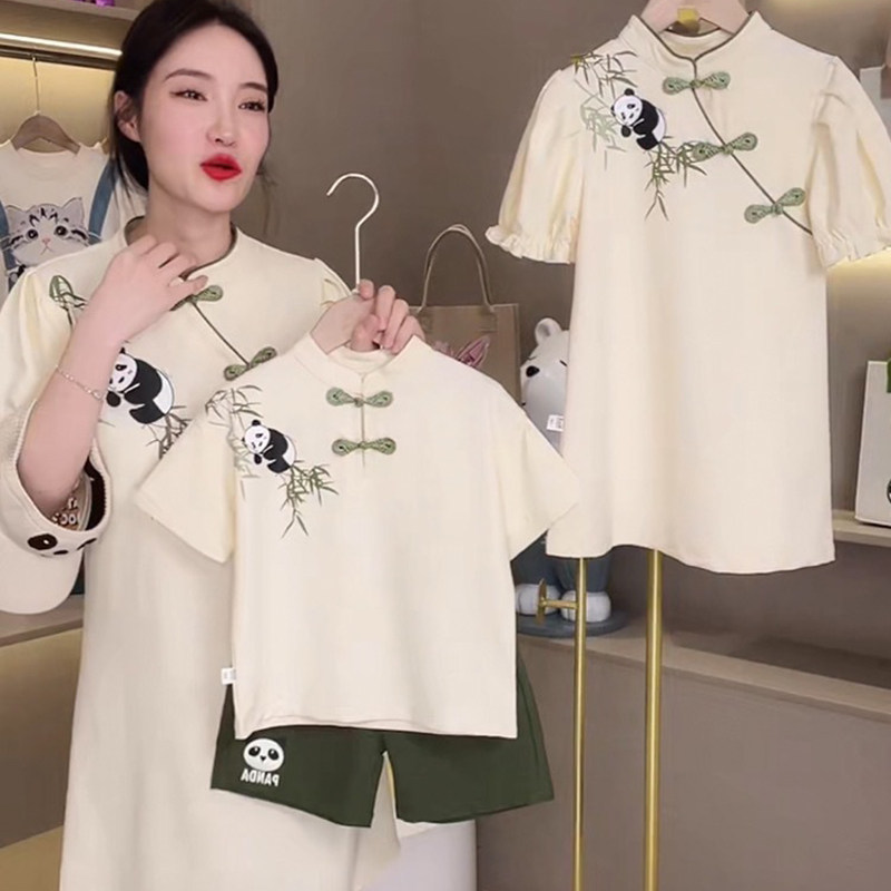 中国风亲子装2026新款夏天一家三口汉服母子polo衫母女连衣裙旗袍