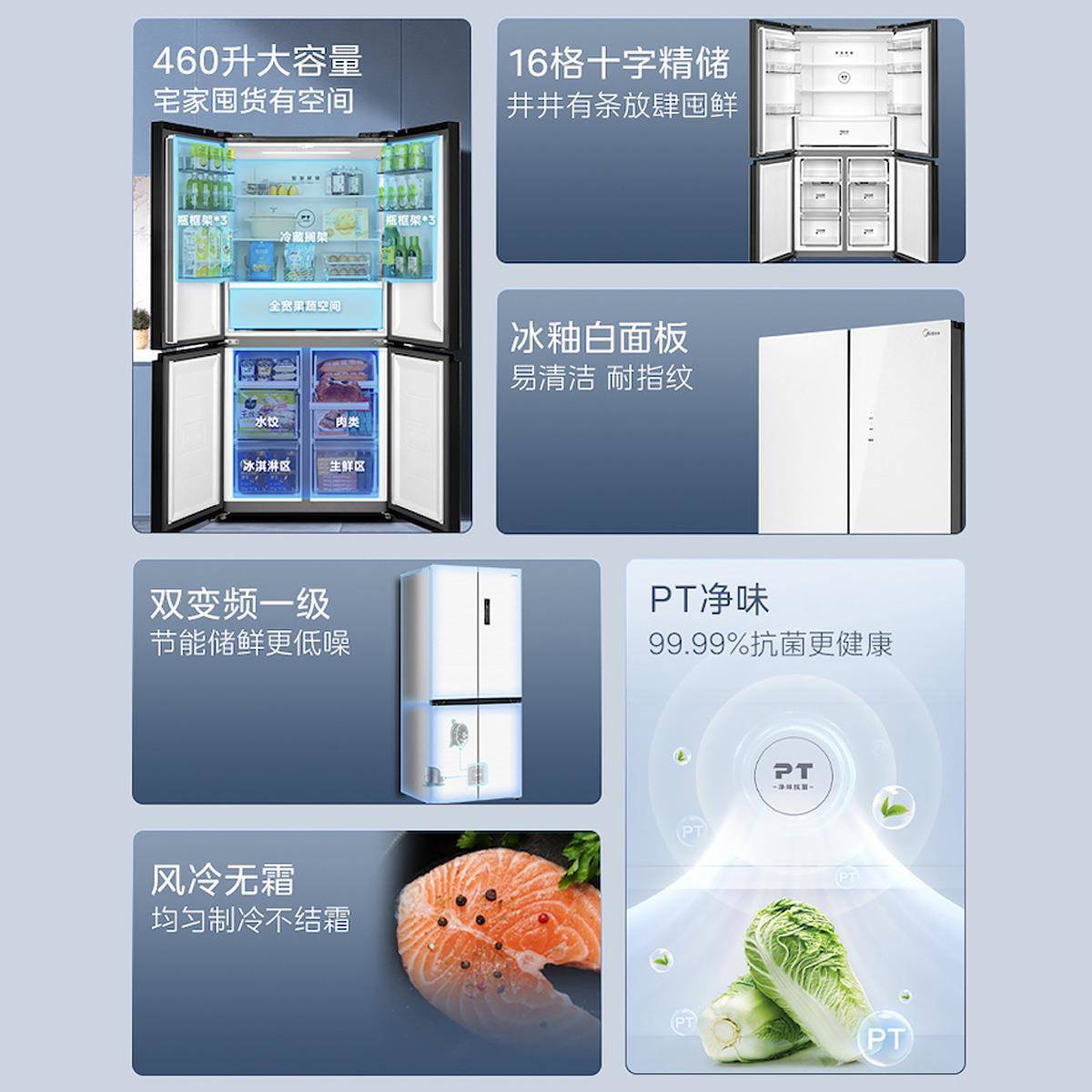 美.的460冰箱家用能效四门十字406升美.的变频BCD-460WSGPM(E)