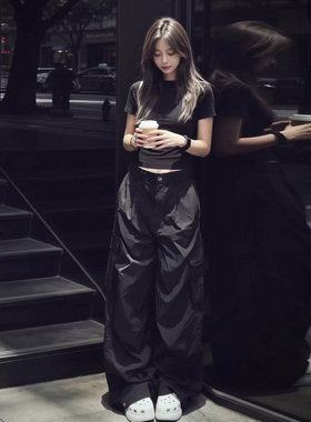 2026超火黑色休闲运动套装女夏季减龄洋气纯色短袖阔腿裤两件套装