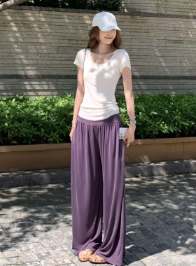 夏日韩系高级感休闲运动套装女夏季减龄白色短袖紫色阔腿裤两件套
