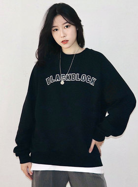插肩美式慵懒纯棉毛圈字母印花大学生圆领黑色宽松潮牌卫衣女男
