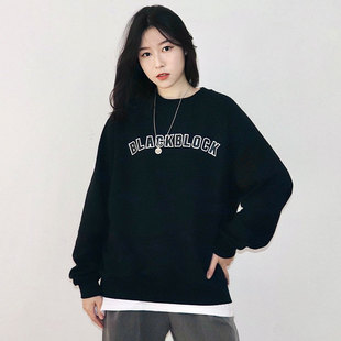 插肩美式 慵懒纯棉毛圈字母印花大学生圆领黑色宽松潮牌卫衣女男