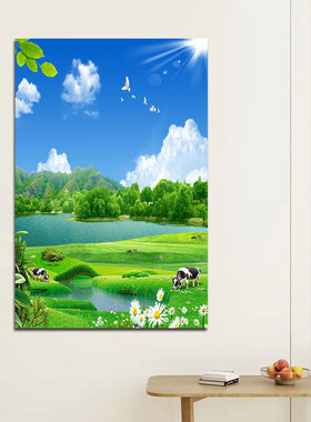 蓝天白云牛羊马自然风景画唯美意境绿色草地草原客厅挂画玄关自粘