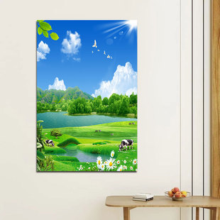 蓝天白云牛羊马自然风景画唯美意境绿色草地草原客厅挂画玄关自粘