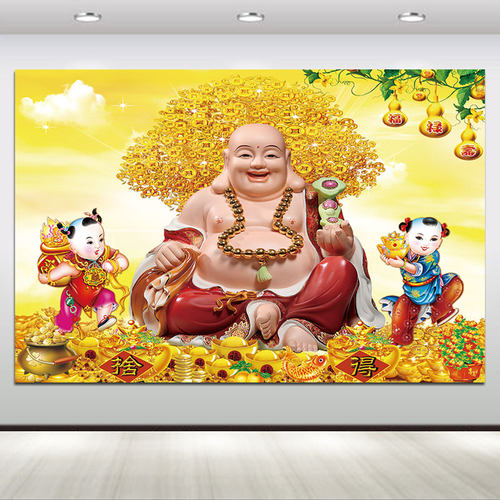 弥勒佛画像笑佛安康如意客厅中堂装饰画中国风童子招财壁画自粘画