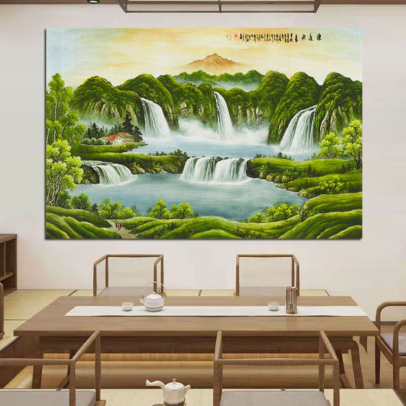 聚宝盆山水画瀑布流水生财客厅招财装饰画中式卧室沙发墙壁画自粘