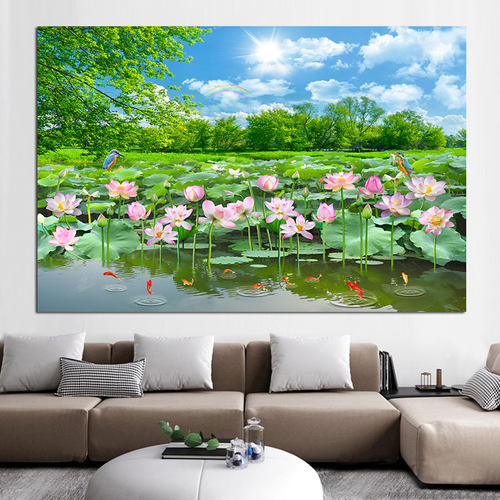 荷花山水风景画绿色植物客厅
