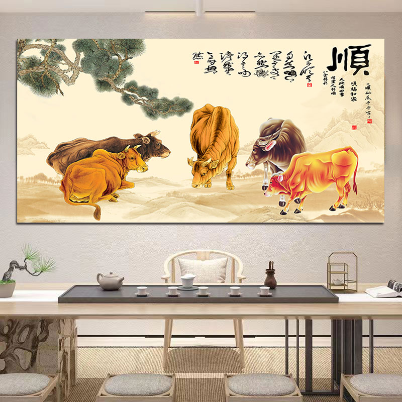 五牛图五福图中式餐厅壁画风水招财国画饭店贴画客厅玄关装饰挂画图片