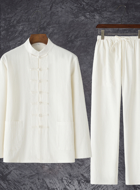 春秋棉麻新中式长袖唐装男女居士太极服复古盘扣国风宽松大码套装