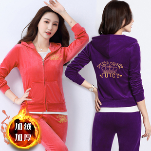 秋冬装新款皇冠加绒加厚金丝绒运动休闲套装女刺绣大码显瘦两件套