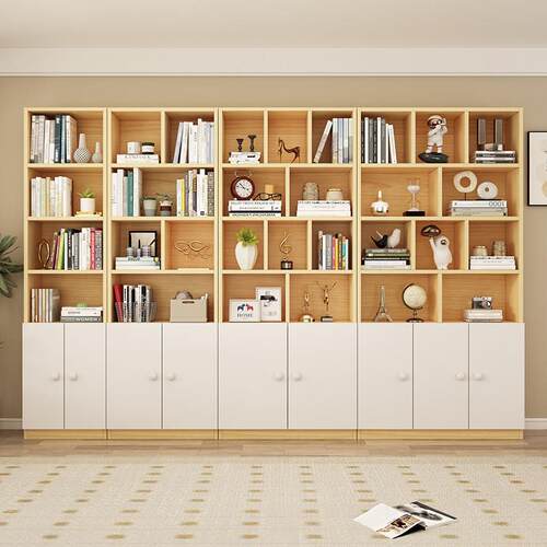 实木书架带门书柜落地置物架储物柜整墙展示柜客厅儿童学生格子柜