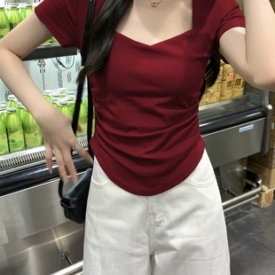 多巴胺方领正肩短袖 显瘦不规则螺纹棉短上衣 t恤女夏季 桃心领修身