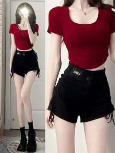 酒红色正肩短袖 紧身甜辣妹小上衣 t恤女2024新款 夏小众设计感短款