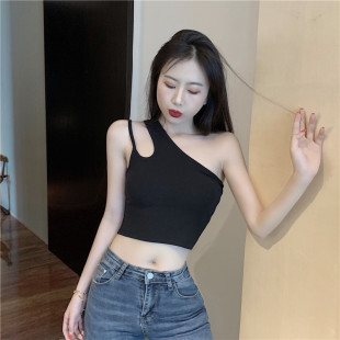 设计感吊带外穿不规则黑色小背心女夏新款紧身打底漏肚脐短款上衣