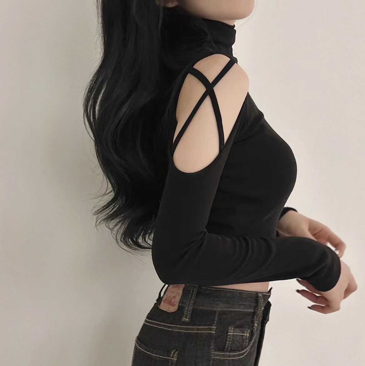 紧身性感露肩上衣女长袖高领打底