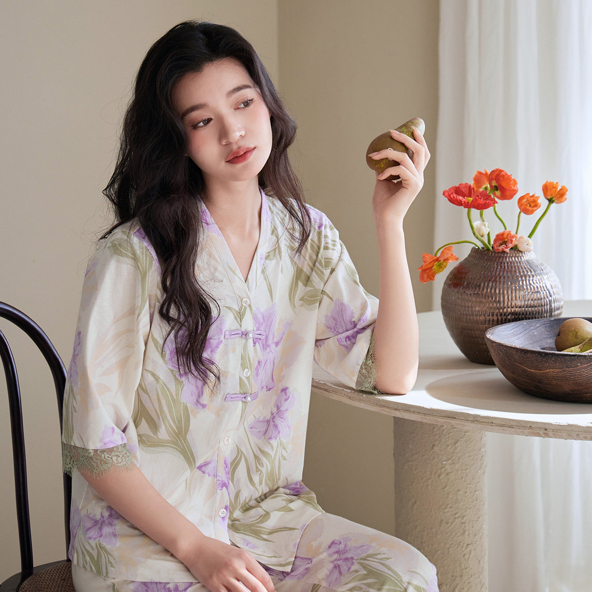 秋鹿纯棉V领开衫睡衣女款春夏优雅印花七分袖长裤夏天家居服套装