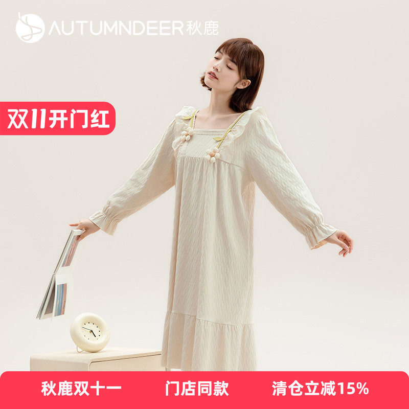 秋鹿甜美方领睡衣女款秋款纯棉春秋季长袖睡裙中长款提花连衣裙女