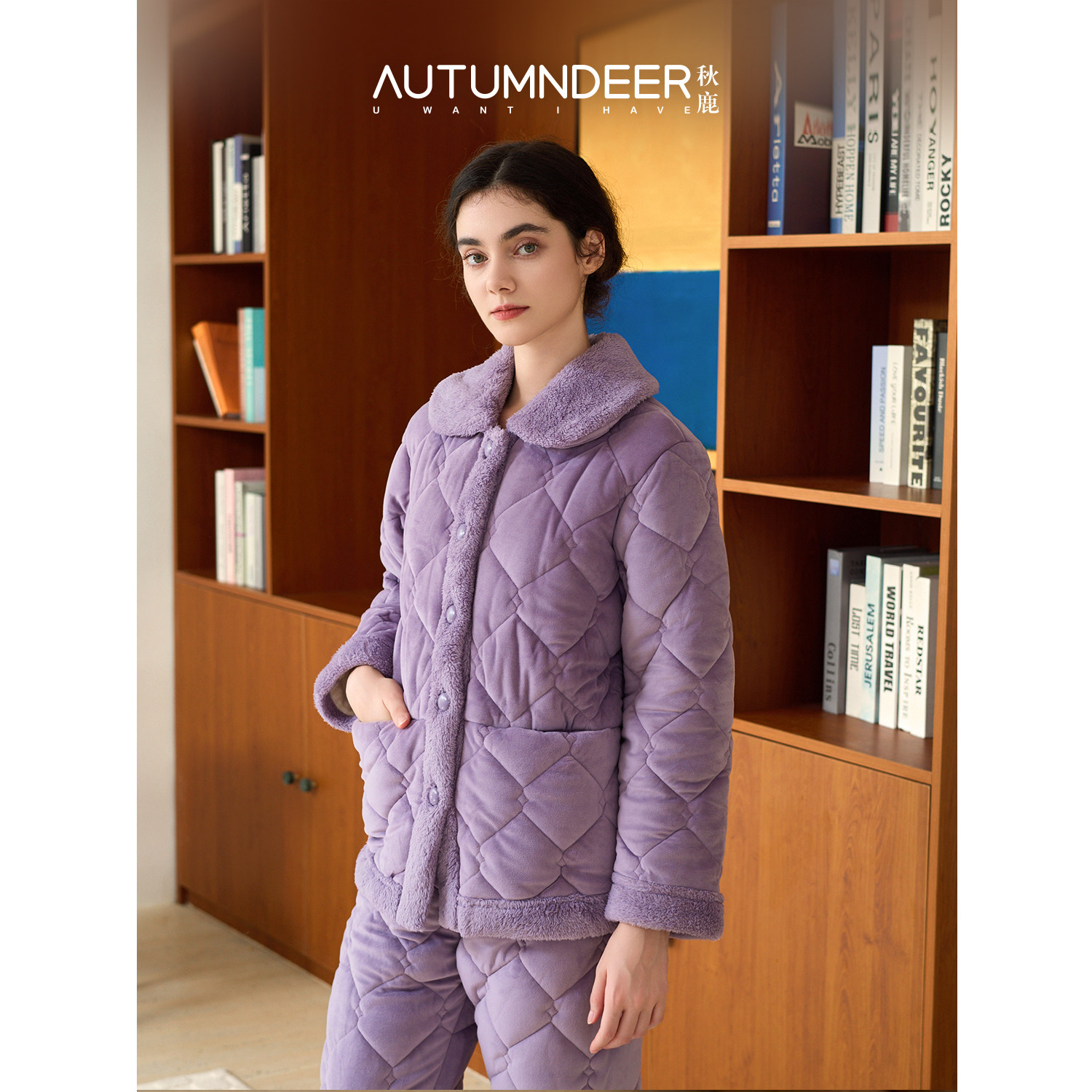 秋鹿澳毛绒三层夹棉翻领睡衣女款秋冬季加厚保暖家居服套装可外穿