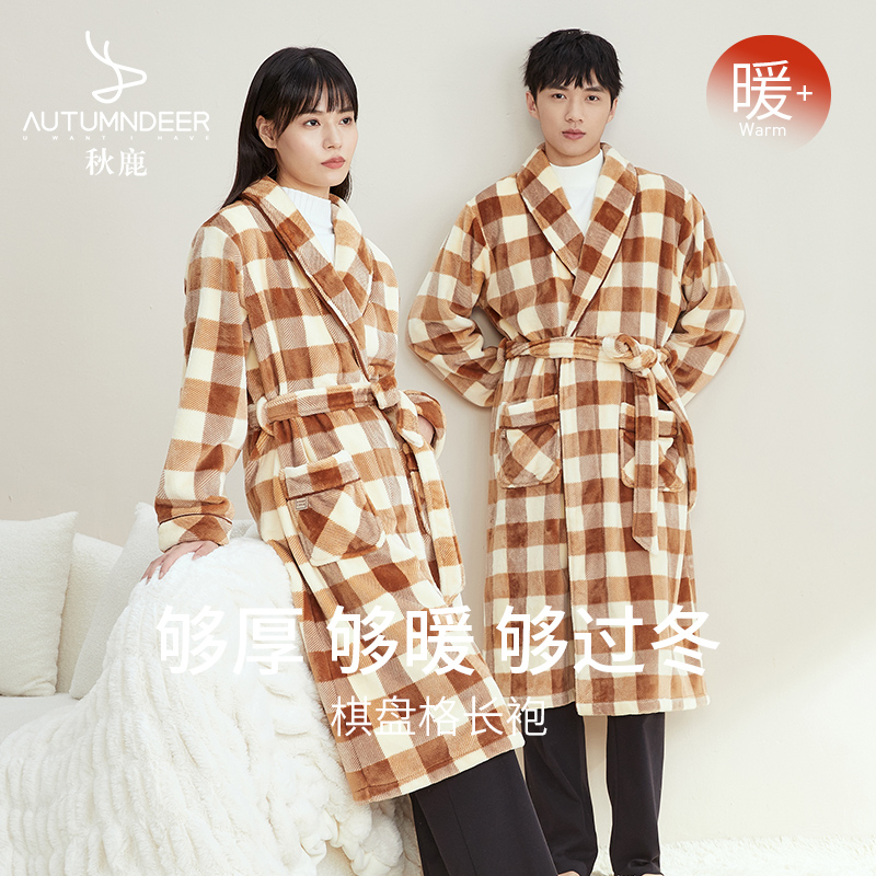 秋鹿情侣睡袍冬款女法兰绒加厚珊瑚绒格子秋冬晨袍睡衣长款浴袍男