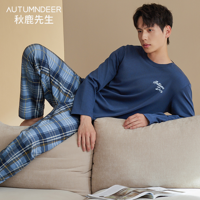 秋鹿纯棉针织厚单面睡衣格子印花
