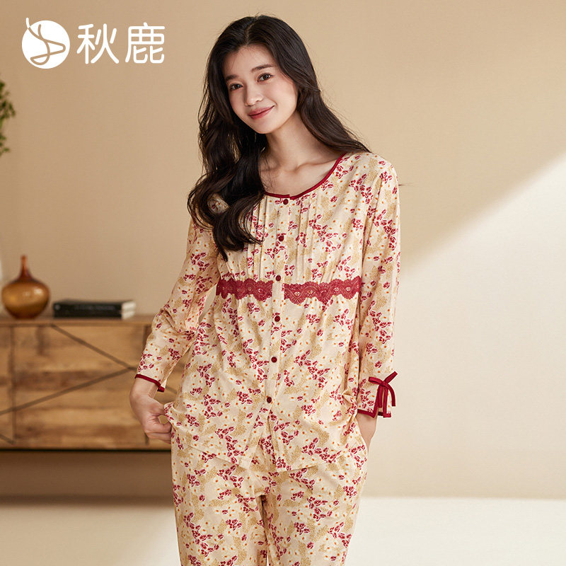 秋鹿女纯棉单面棉氨印花睡衣