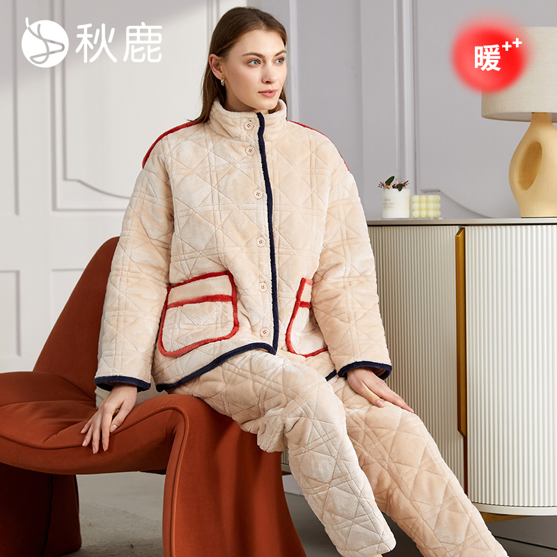 秋鹿女法兰绒三层加厚夹棉睡衣