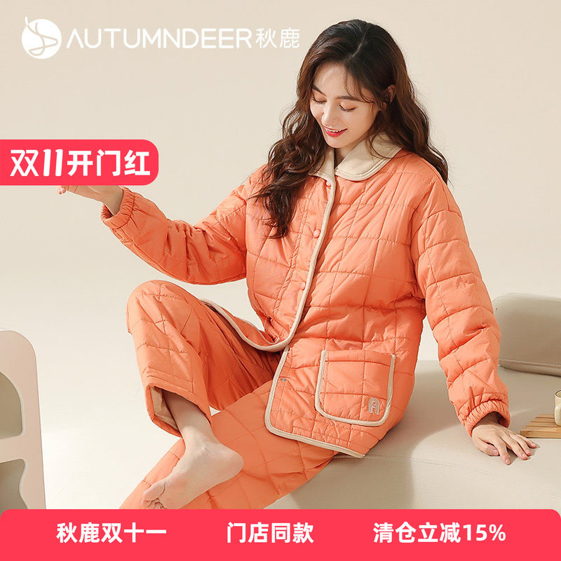 秋鹿三层加厚夹棉睡衣女款冬季