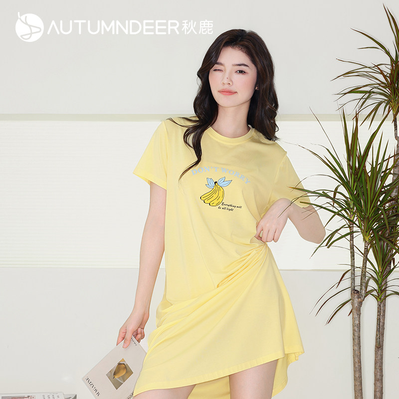 秋鹿睡裙女款夏季凉感棉圆领短袖中长款连衣裙休闲睡衣女士家居服