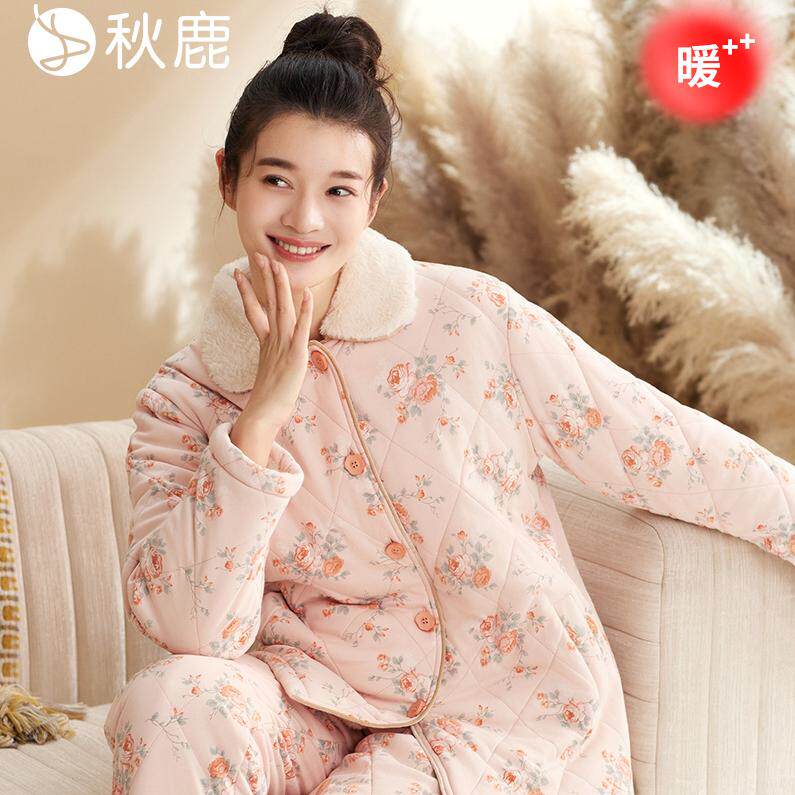 秋鹿三层加绒加厚夹棉睡衣女2026秋冬款纯棉碎花高级感家居服套装