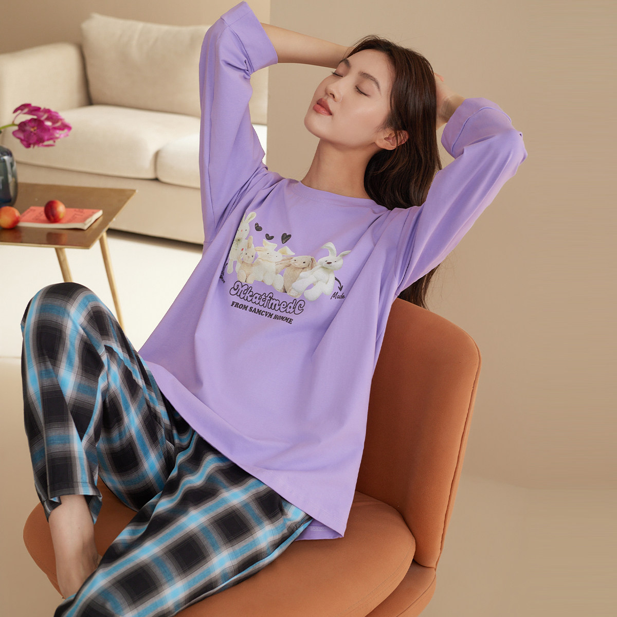 秋鹿可爱兔子印花睡衣女春秋款针织棉圆领长袖长裤早秋家居服套装