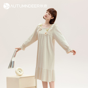 秋鹿甜美方领睡衣女款秋款纯棉春秋季长袖睡裙中长款提花连衣裙女