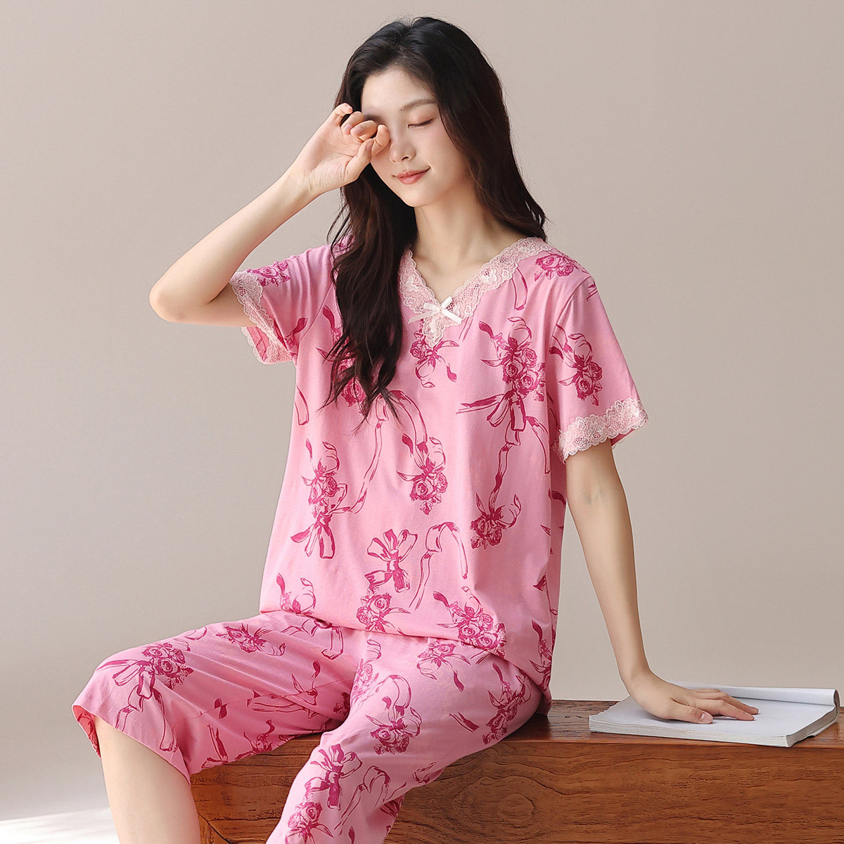 秋鹿【100%棉】夏季睡衣女士家居服纯棉家居服女透气薄款短袖套装