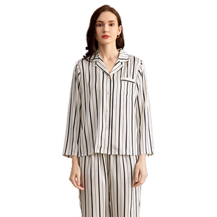 秋鹿长袖丝绸睡衣女冰丝睡裙套装高档简约条纹短袖居家服夏季薄款