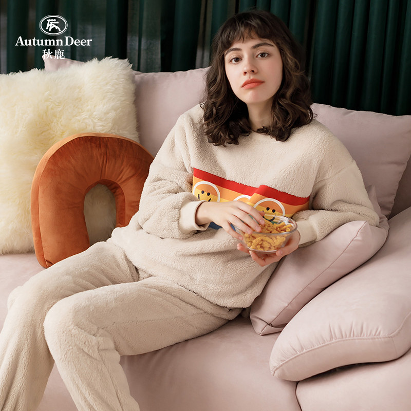 秋鹿新款2021睡衣加厚北极绒女冬宽松彩虹可爱珊瑚绒家居服套装