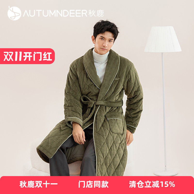 秋鹿珊瑚绒男士浴袍秋冬加厚关刀领青少年家居服男格子睡袍中长款