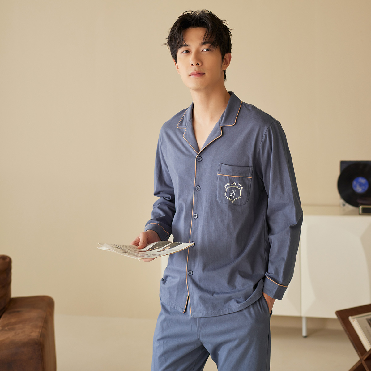 秋鹿休闲翻领男士睡衣春夏纯棉长袖长裤柔软舒适家居服可外穿套装