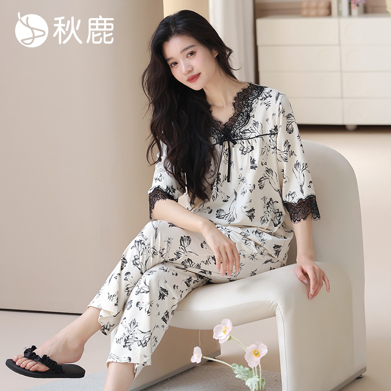 丝滑棉抗菌印花V领七分袖九分裤