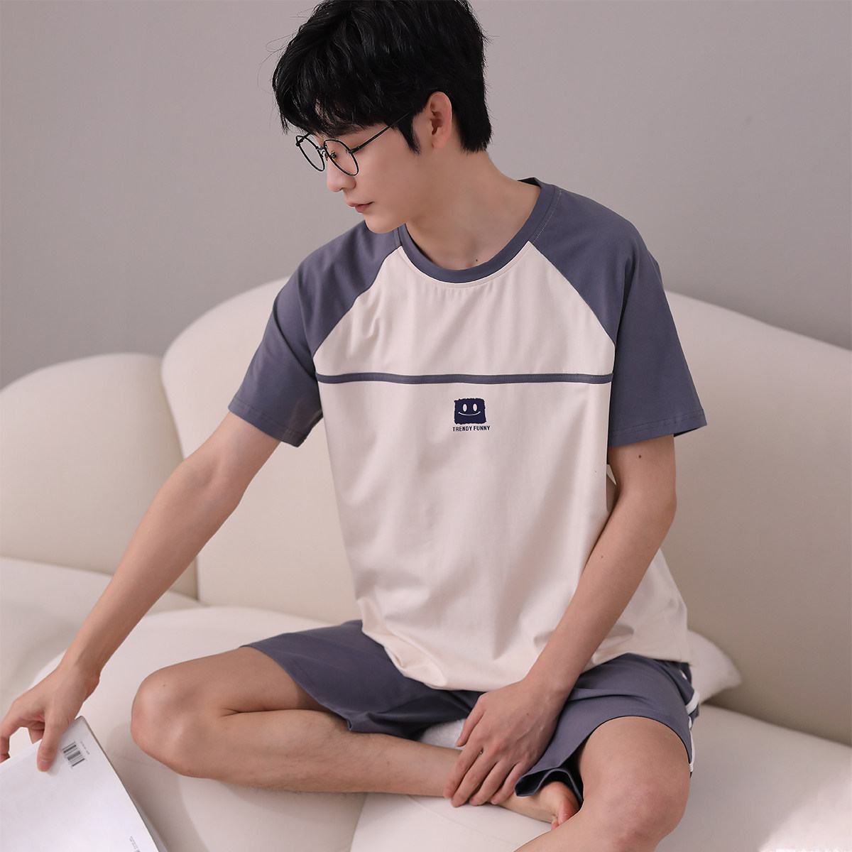 秋鹿休闲圆领短袖短裤男士睡衣夏季纯棉薄款印花可外穿家居服套装