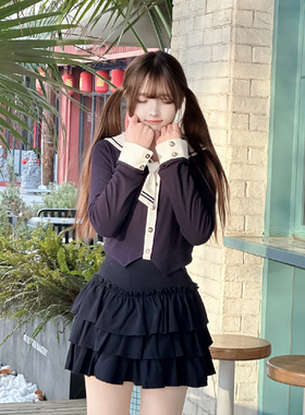 COSME【小海鸥】春季新品水手领绀色白色撞色针织衬衫甜美风上衣