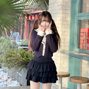 COSME【小海鸥】春季新品水手领绀色白色撞色针织衬衫甜美风上衣