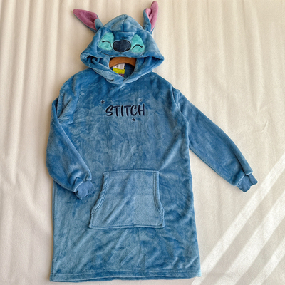 外单卡通史迪奇法兰绒连帽睡袍女冬季长款宽松套头家居服