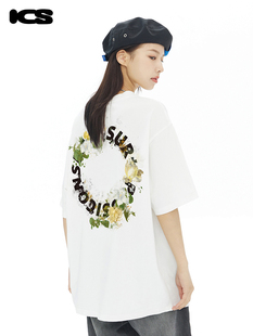 iconslab短袖t恤情侣装夏装潮牌花卉圈星字母印花白色纯棉上衣男