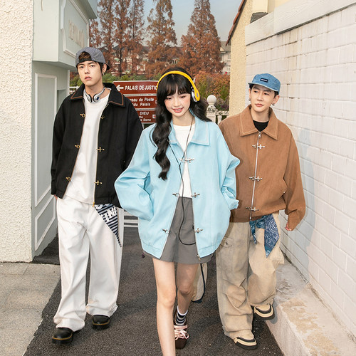 NOTEARS 春季美式复古休闲新中式男宽松翻领飞机扣夹克女情侣外套