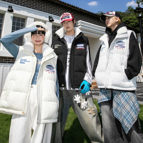 NOTEARS 美式复古座山雕刺绣毛领棉服马甲冬季保暖外套男女同款